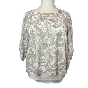 Chicos Tan White Floral Blouse‎ Top Size 3 (XL) Lined Back Slit Neutral Office